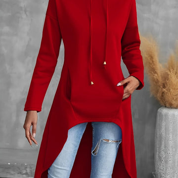 Women's comfy high-low winter hoodie with long sleeves in Red