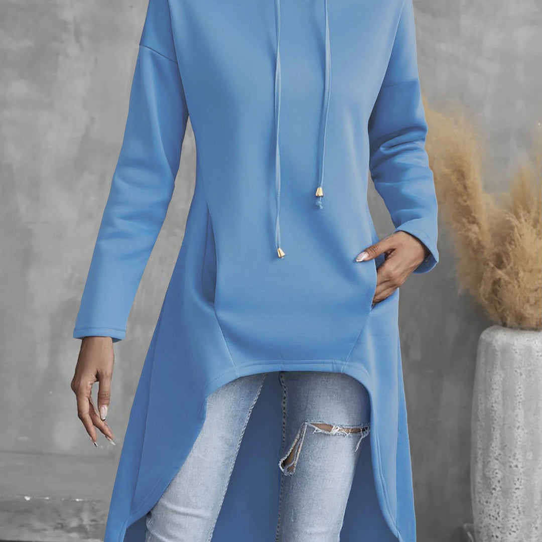Women's comfy high-low winter hoodie with long sleeves in Royal Blue