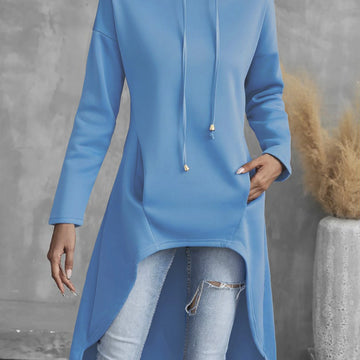 Women's comfy high-low winter hoodie with long sleeves in Royal Blue