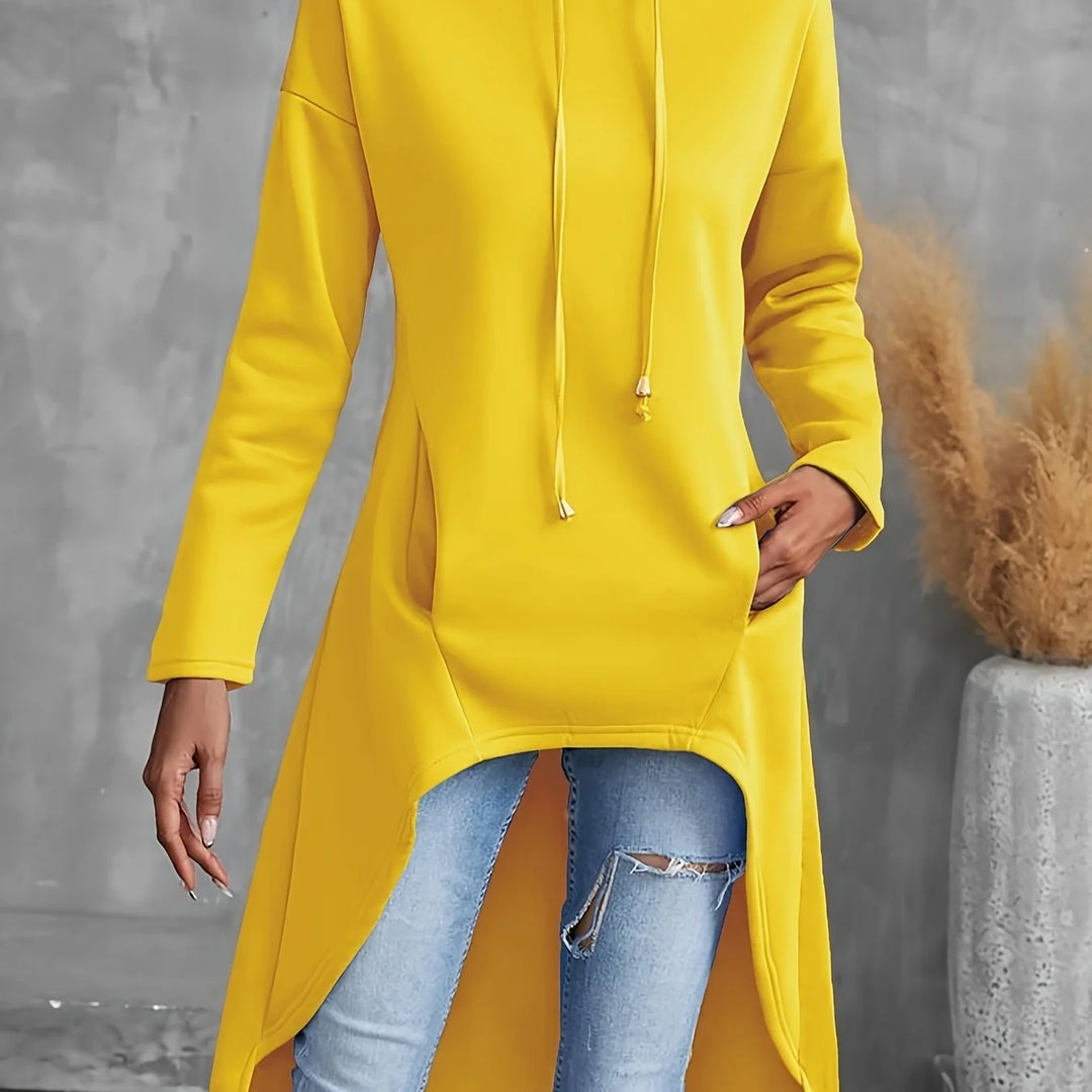Women's comfy high-low winter hoodie with long sleeves in Yellow