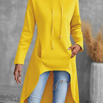 Women's comfy high-low winter hoodie with long sleeves in Yellow