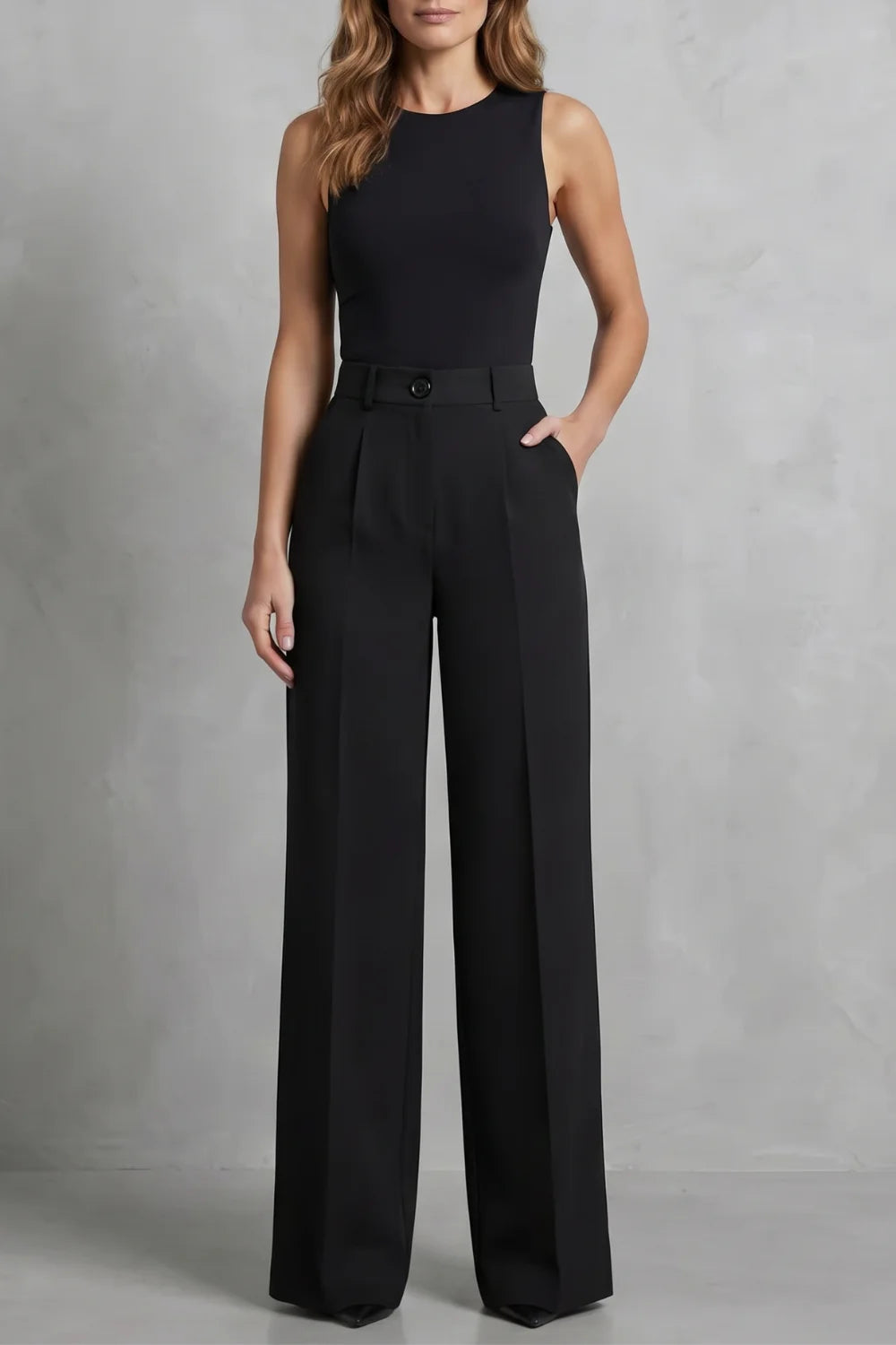 Women's high waisted pleated wide leg winter palazzo pants in Black