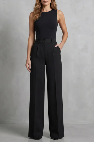 Women's high waisted pleated wide leg winter palazzo pants in Black