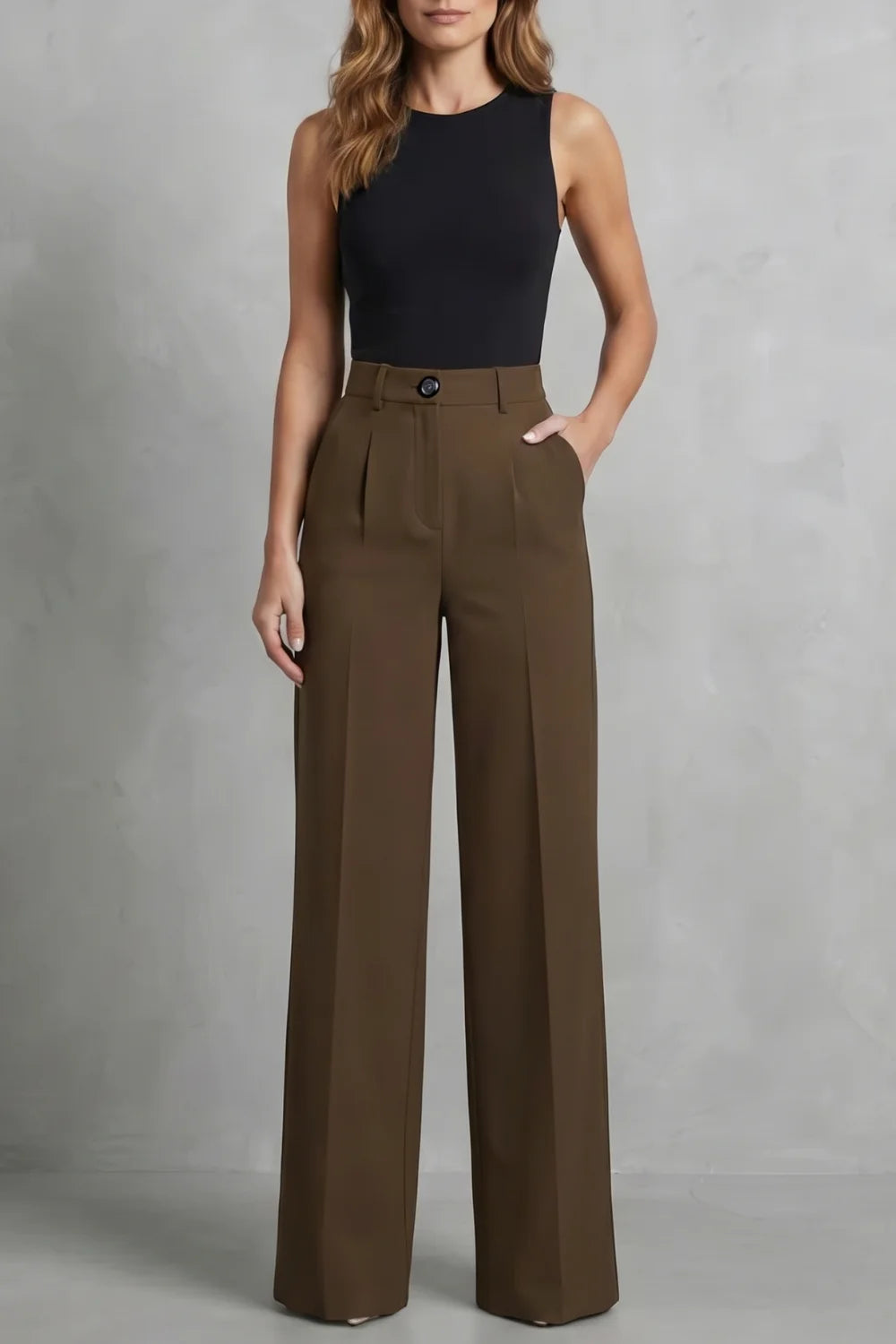 Women's high waisted pleated wide leg winter palazzo pants in Brown