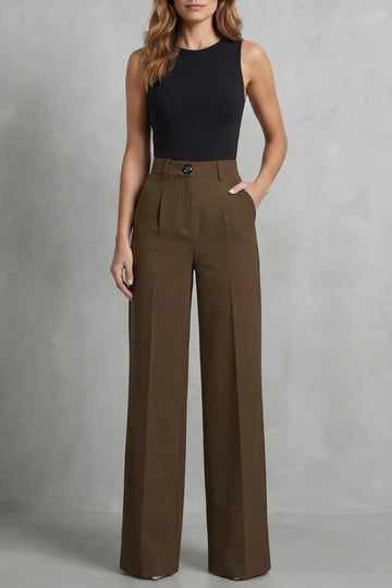 Women's high waisted pleated wide leg winter palazzo pants in Brown