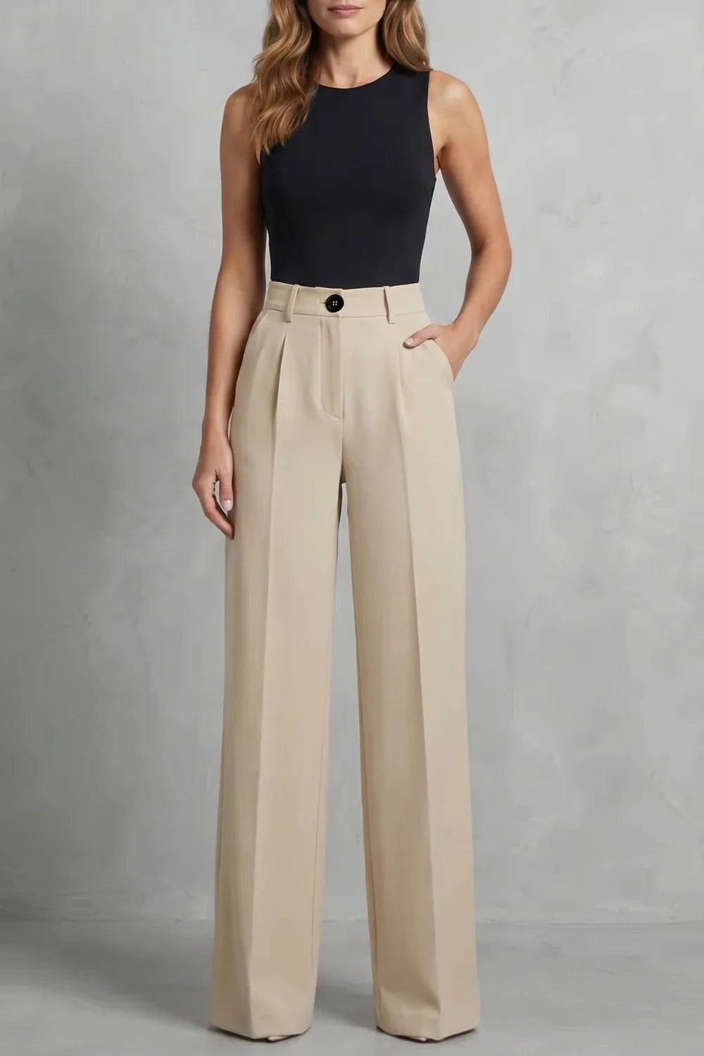 Women's high waisted pleated wide leg winter palazzo pants in Khaki