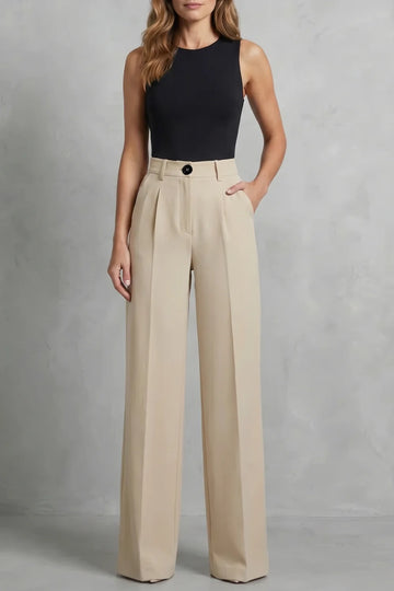 Women's high waisted pleated wide leg winter palazzo pants in Khaki