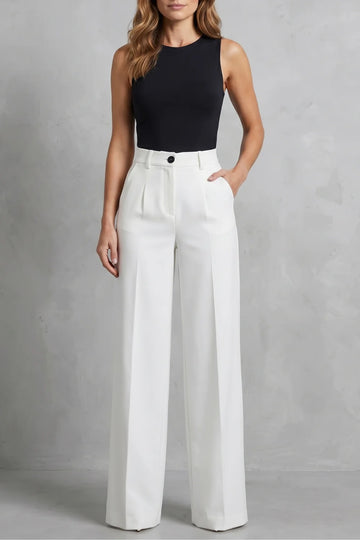 Women's high waisted pleated wide leg winter palazzo pants in White