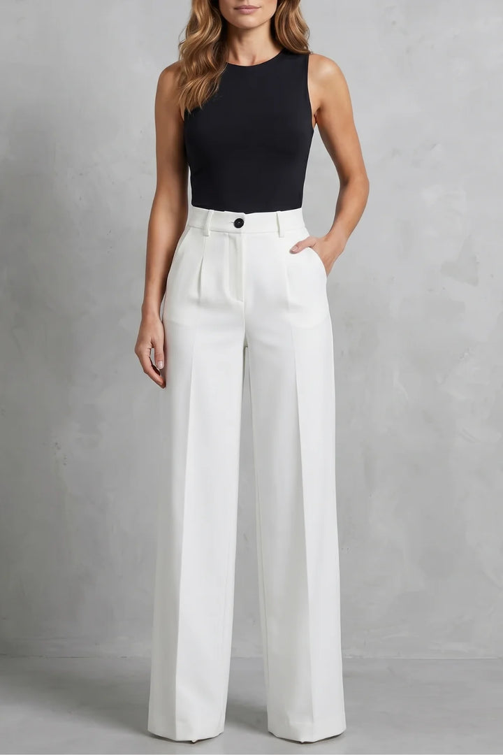 Women's high waisted pleated wide leg winter palazzo pants in White