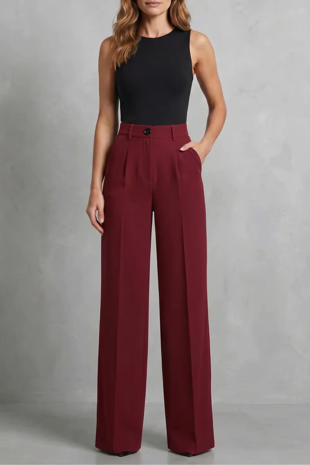 Women's high waisted pleated wide leg winter palazzo pants in Wine red