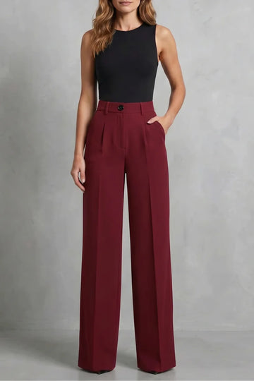 Women's high waisted pleated wide leg winter palazzo pants in Wine red