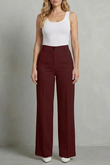 Women's high waisted straight leg winter tailored trousers in Dark red