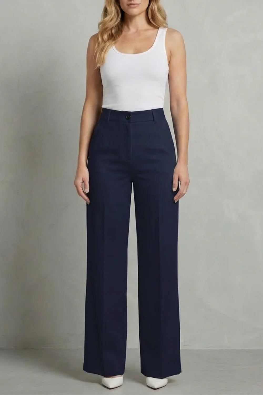 Women's high waisted straight leg winter tailored trousers in Navy blue