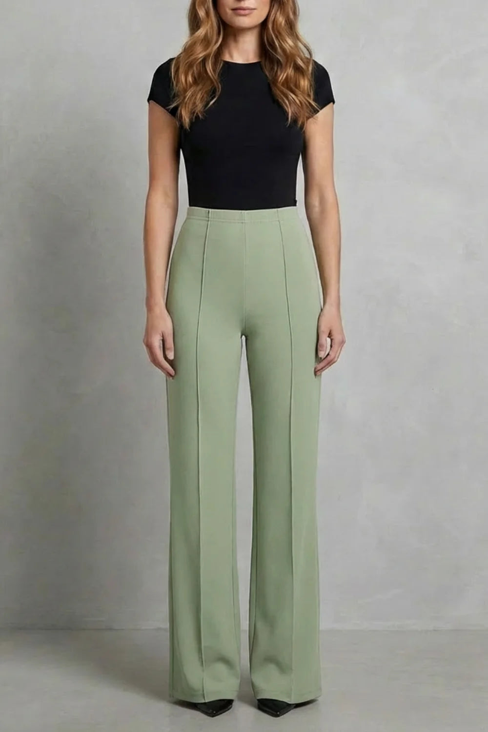 Women's tailored high waisted winter palazzo pants in Sage Green