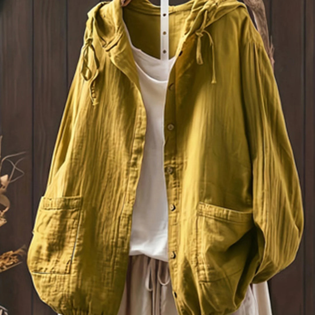 Women's hooded button-up winter puffer jacket in Ginger