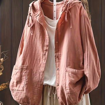 Women's hooded button-up winter puffer jacket in Peach