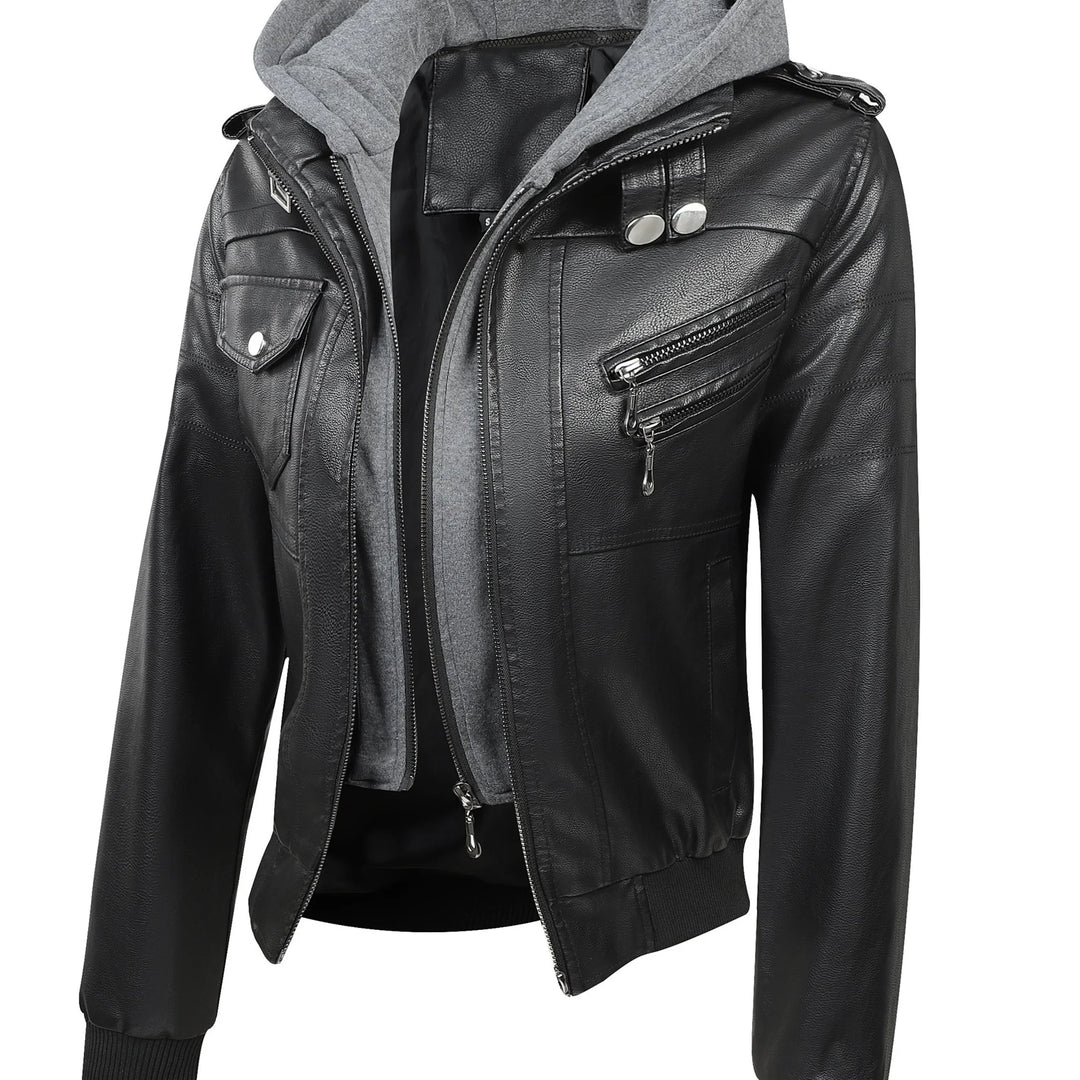 Women's hooded faux leather winter jacket in Black