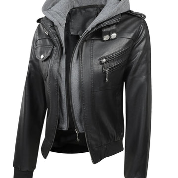 Women's hooded faux leather winter jacket in Black
