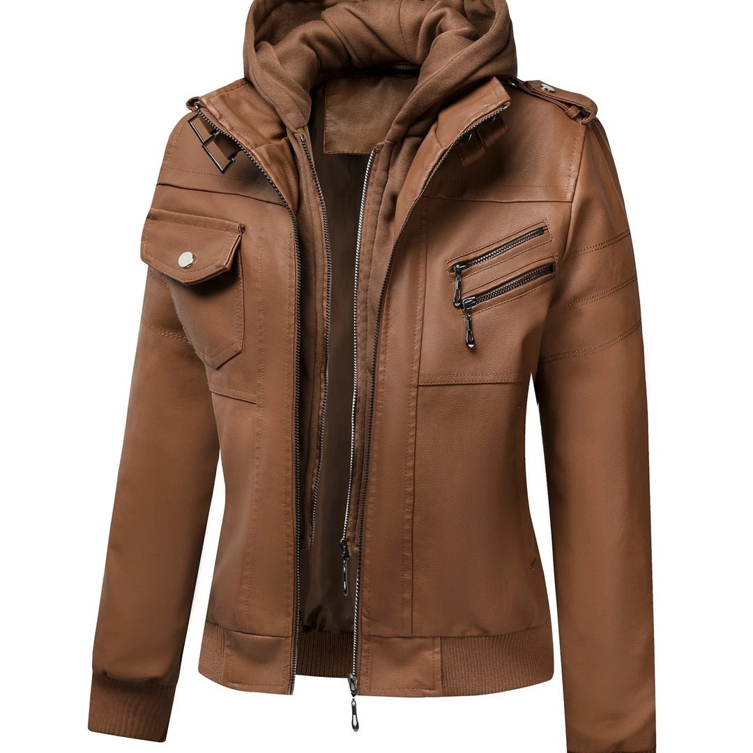 Women's hooded faux leather winter jacket in Camel