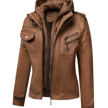 Women's hooded faux leather winter jacket in Camel