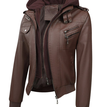 Women's hooded faux leather winter jacket in Coffee