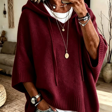 Women's comfy knit winter hoodie with sleeves in Burgundy