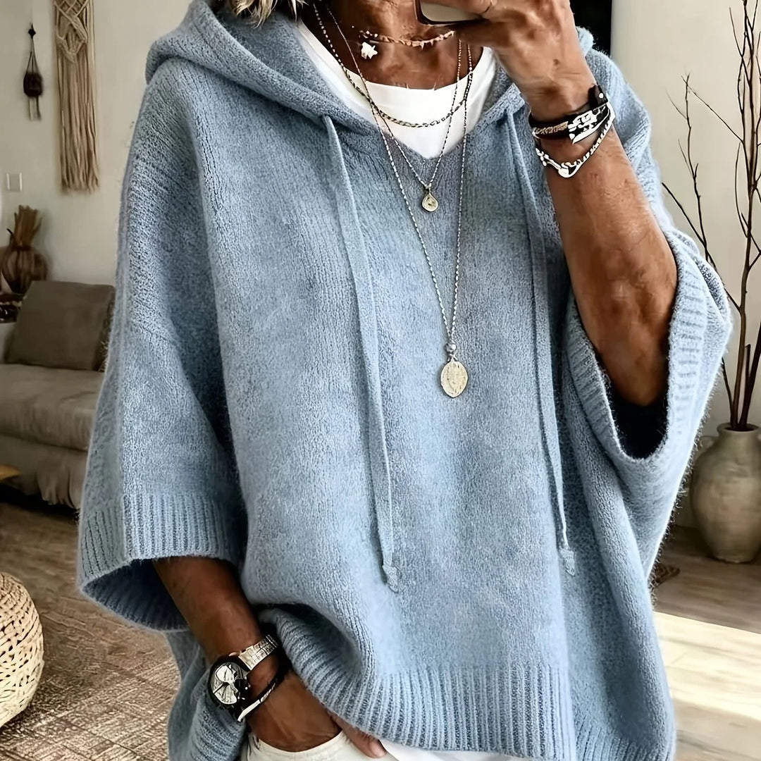 Women's comfy knit winter hoodie with sleeves in Light Blue