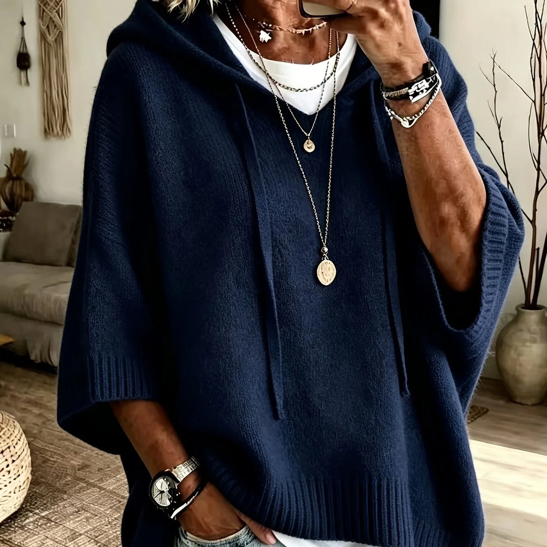 Women's comfy knit winter hoodie with sleeves in Navy Blue