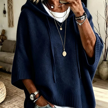Women's comfy knit winter hoodie with sleeves in Navy Blue