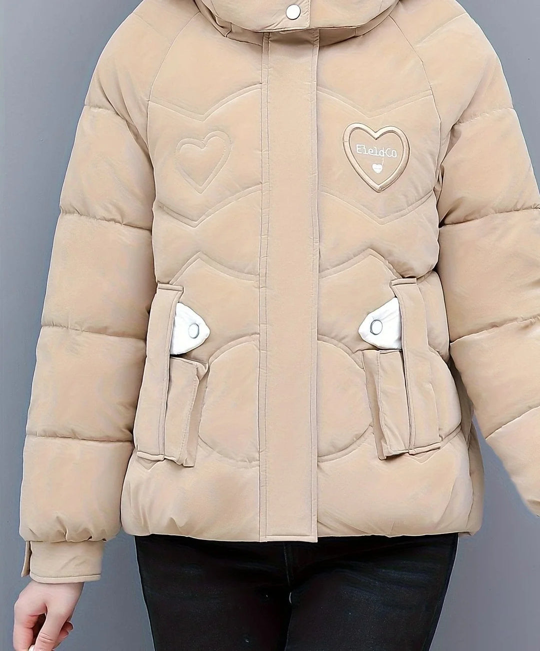 Women's hooded winter puffer jacket with padded construction in Beige