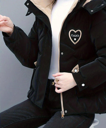 Women's hooded winter puffer jacket with padded construction in Black