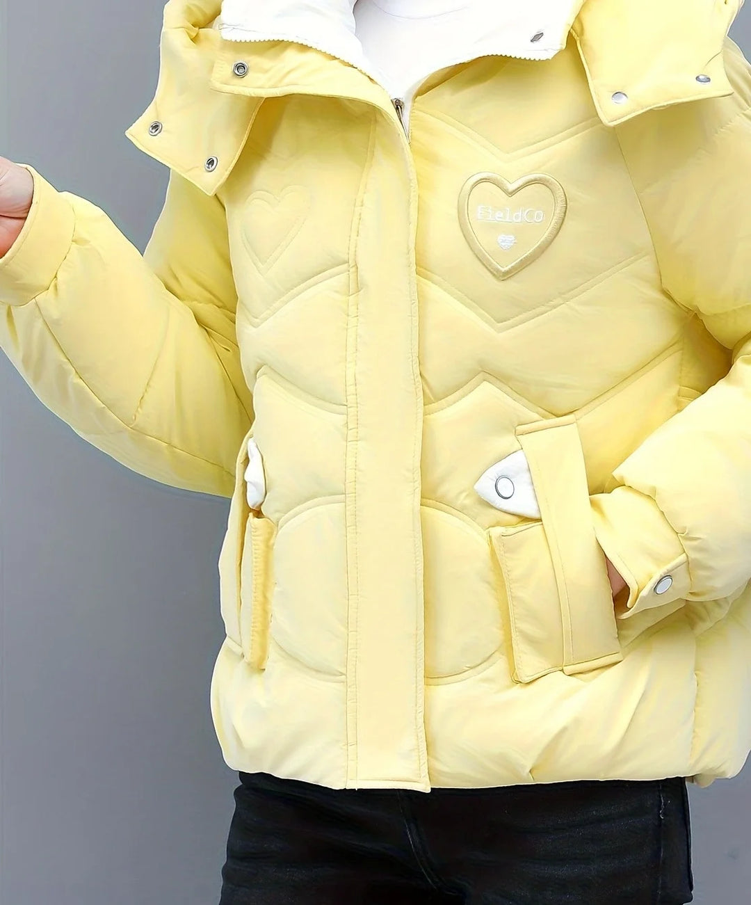 Women's hooded winter puffer jacket with padded construction in Yellow