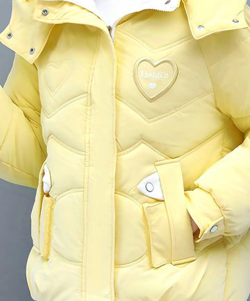 Women's hooded winter puffer jacket with padded construction in Yellow