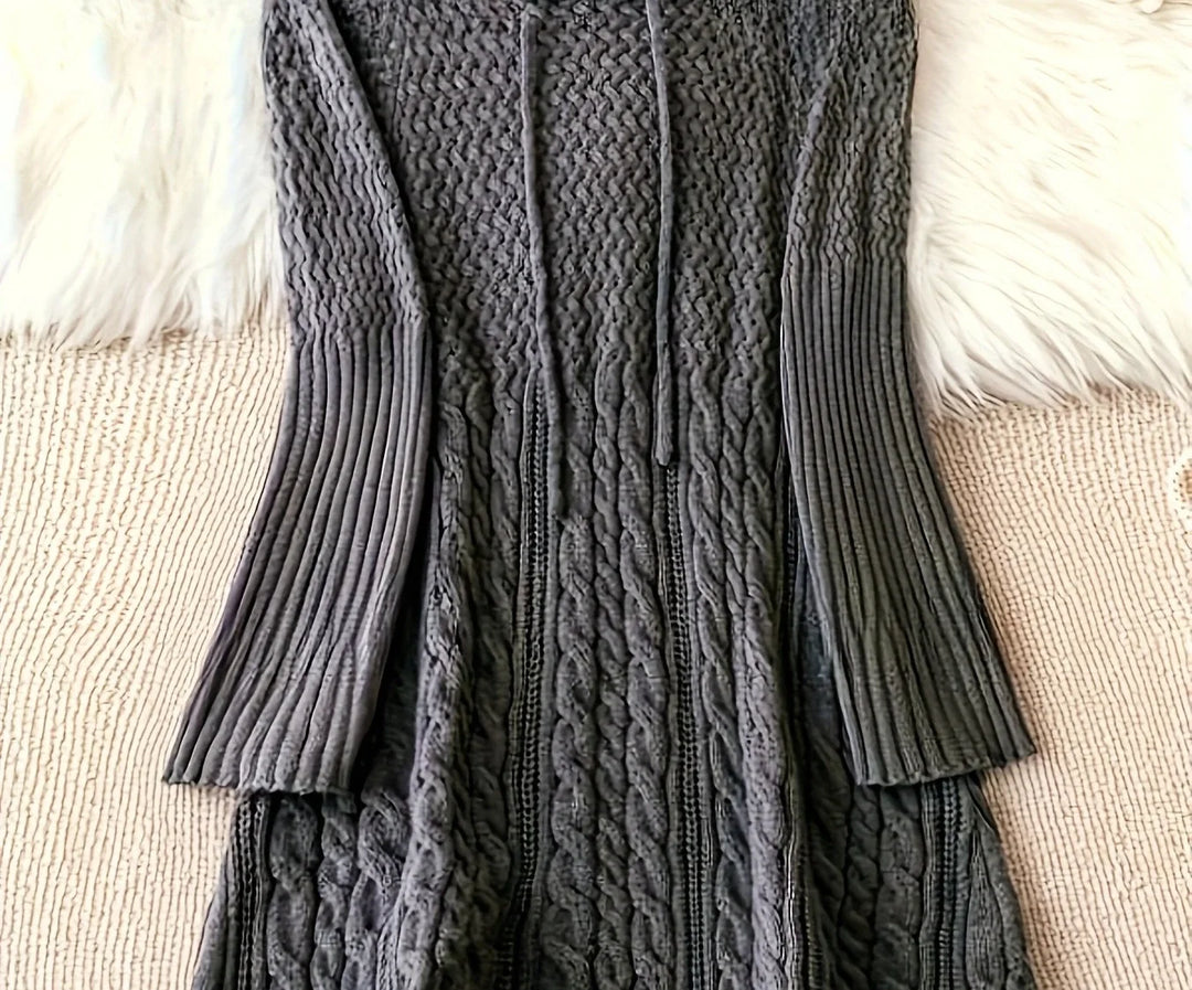 Women's hooded winter sweater dress with long sleeves in Grey