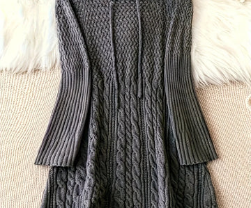 Women's hooded winter sweater dress with long sleeves in Grey