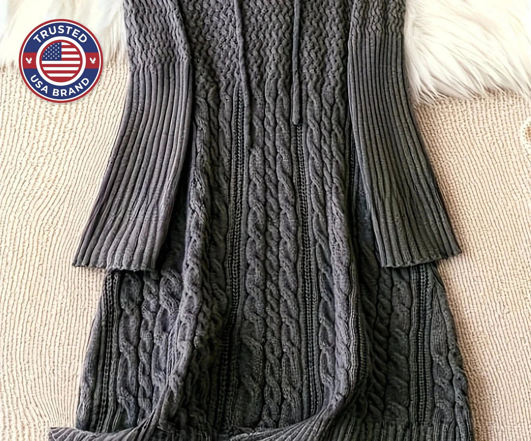 Women's hooded winter sweater dress with long sleeves in Grey