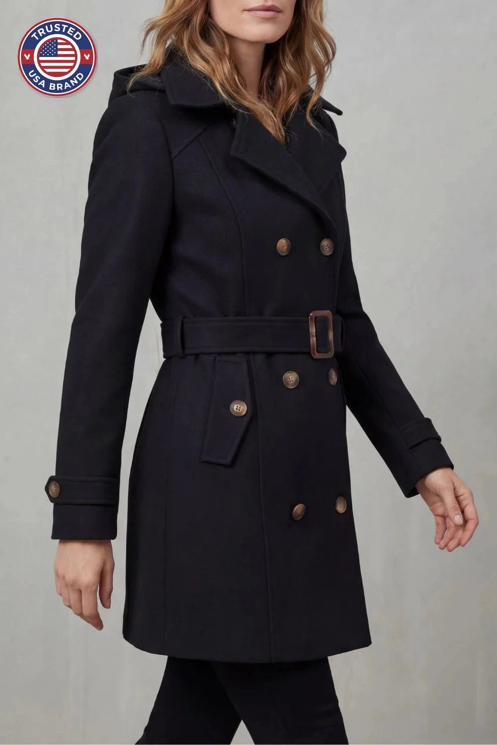 Women's hooded winter trench coat, custom tailored fit