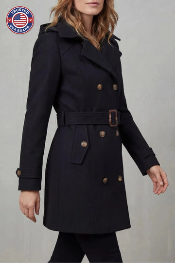 Women's hooded winter trench coat, custom tailored fit