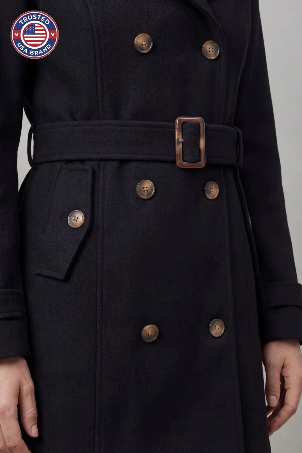 Women's hooded winter trench coat, custom tailored fit