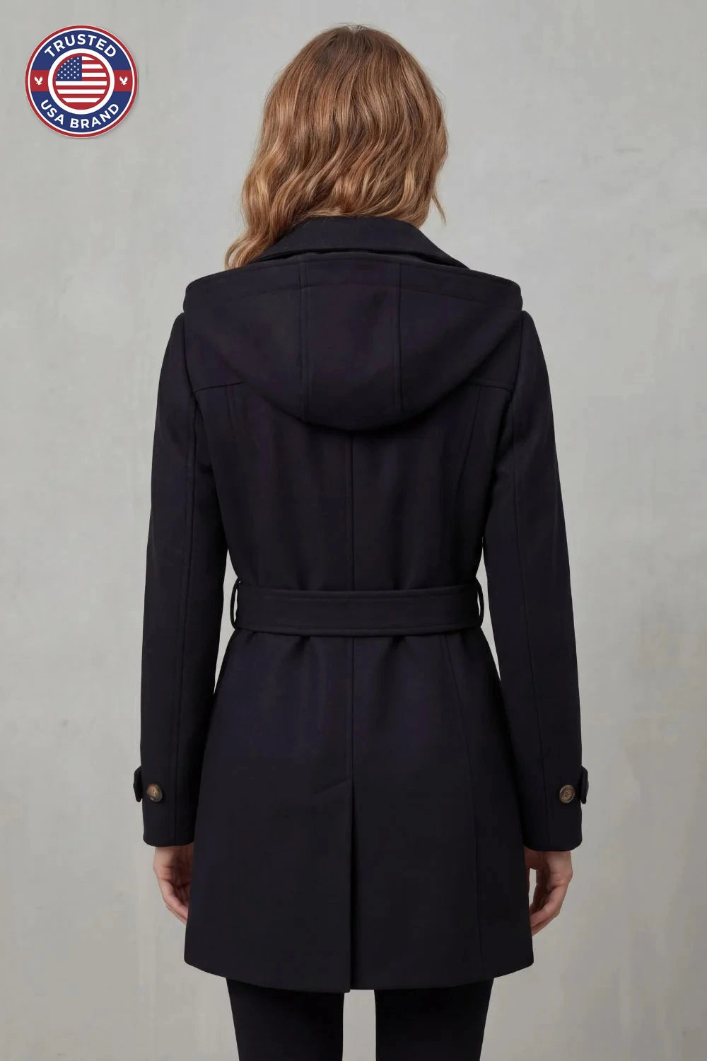Women's hooded winter trench coat, custom tailored fit