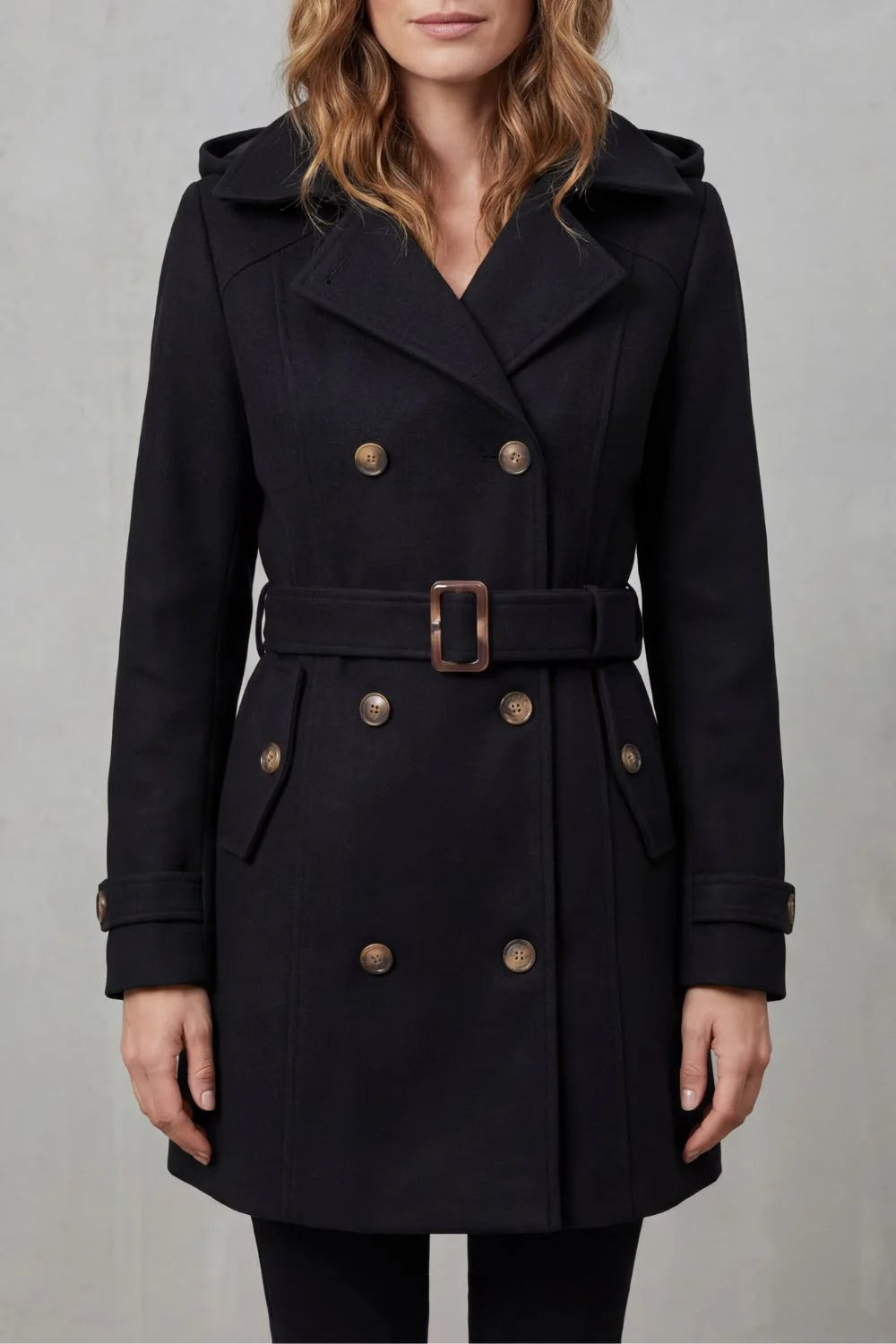 Women's hooded winter trench coat, custom tailored fit in Black