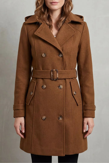 Women's hooded winter trench coat, custom tailored fit in Brown