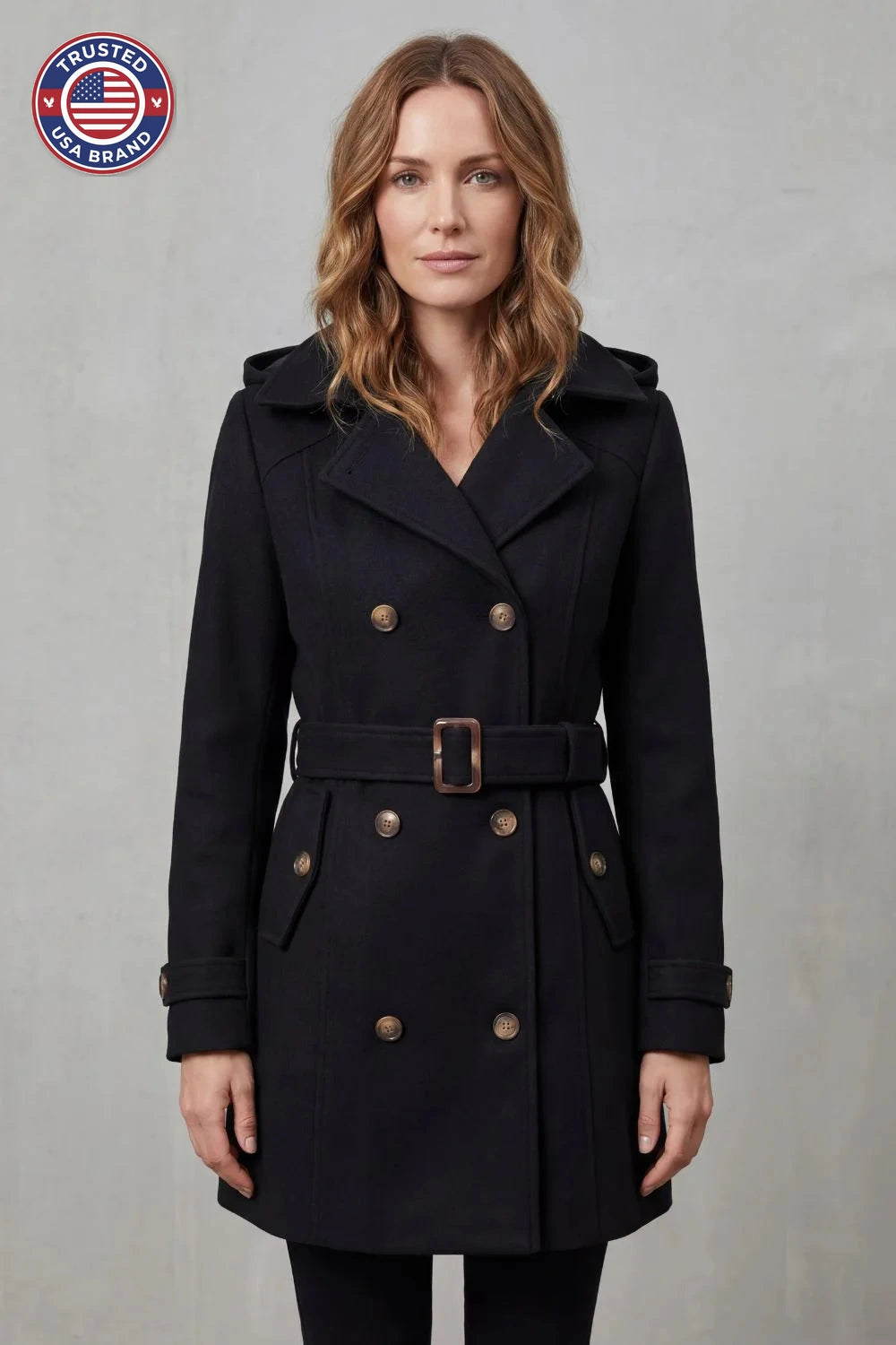 Women's hooded winter trench coat, custom tailored fit