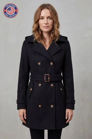 Women's hooded winter trench coat, custom tailored fit