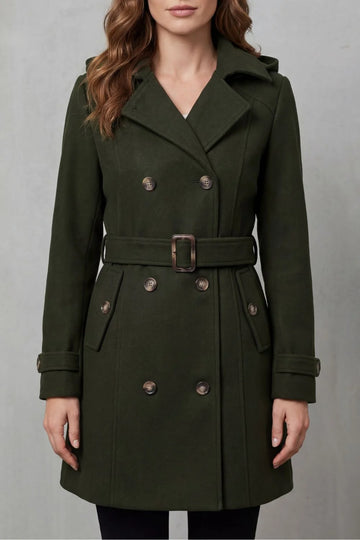 Women's hooded winter trench coat, custom tailored fit in Dark green