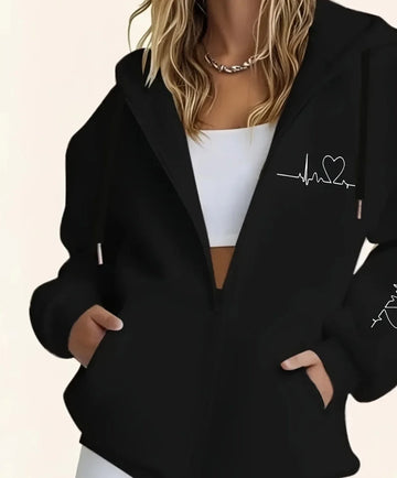 Women's comfy zip-up print winter hoodie with zip-up closure in Black