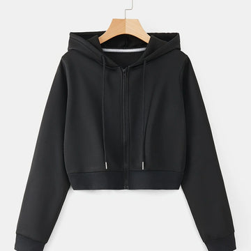 Women's comfy zip-up winter hoodie with drawstrings in Black