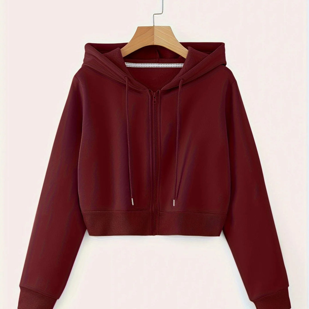 Women's comfy zip-up winter hoodie with drawstrings in Burgundy