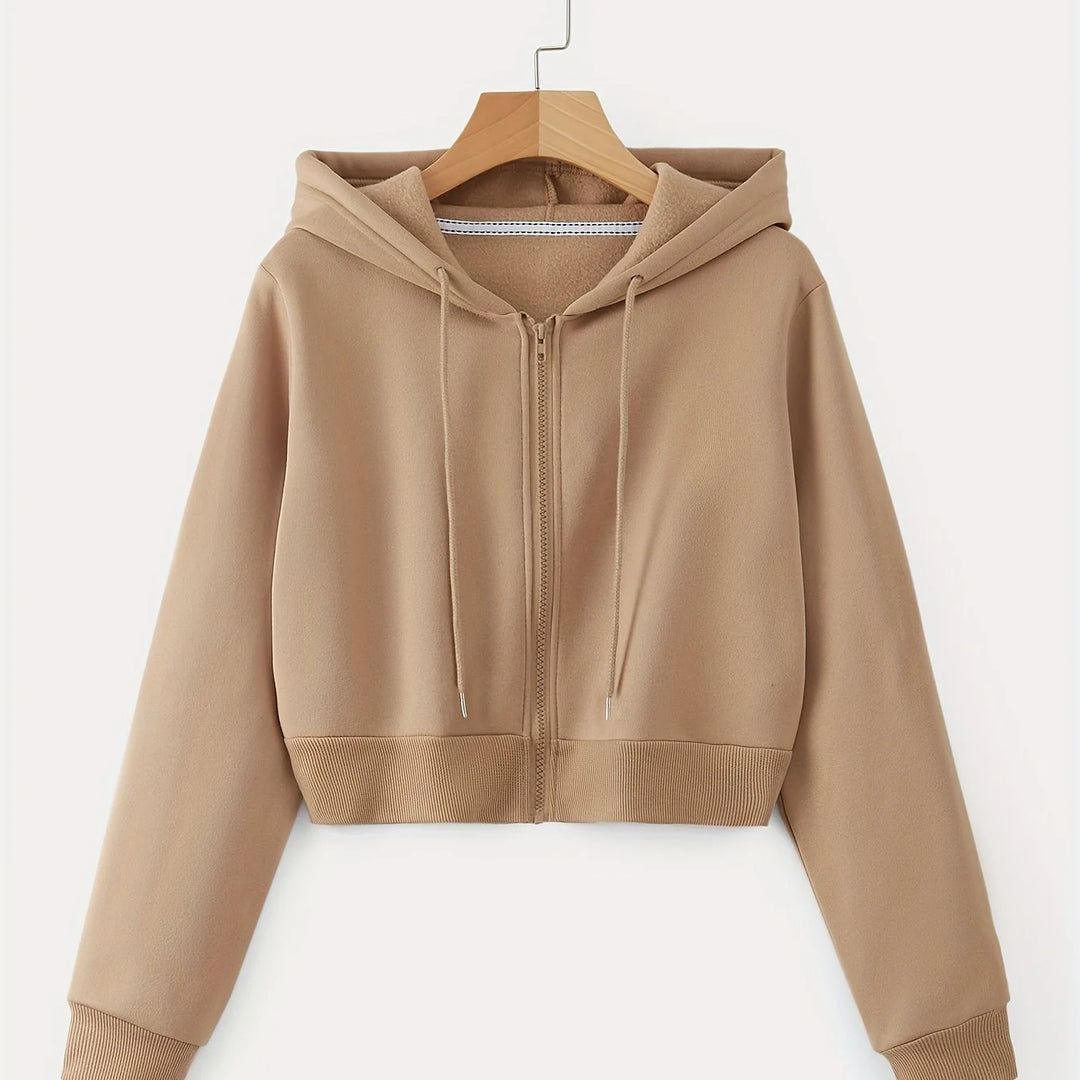 Women's comfy zip-up winter hoodie with drawstrings in Khaki