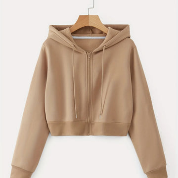Women's comfy zip-up winter hoodie with drawstrings in Khaki